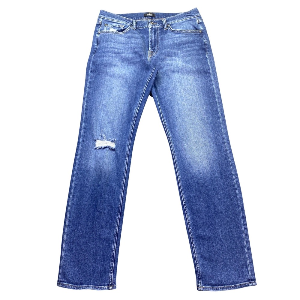 7 For All Mankind Slimmy Slim Fit Distressed Blue Jeans Mens Sz 34 Grunge Preppy